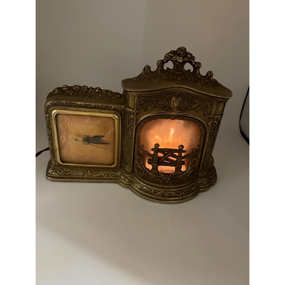 United Clock Corp. Model 455 Mantel Clock w/ Fireplace Light, Good